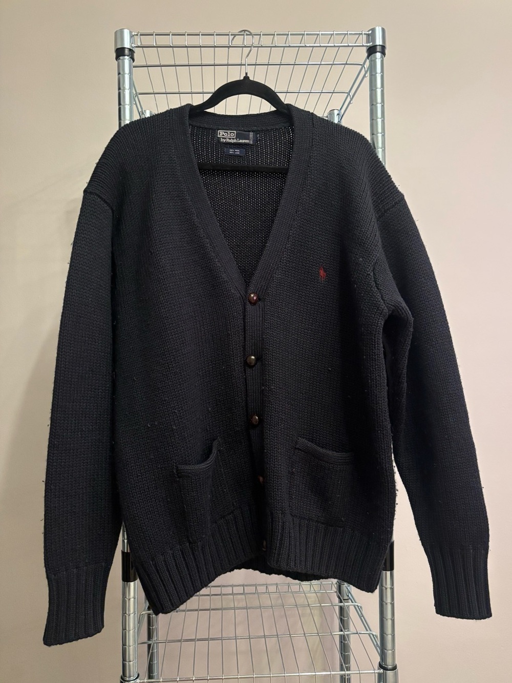 Vintage 100% Wool Polo by Ralph Lauren Dark Green Cardigan with Wooden Buttons